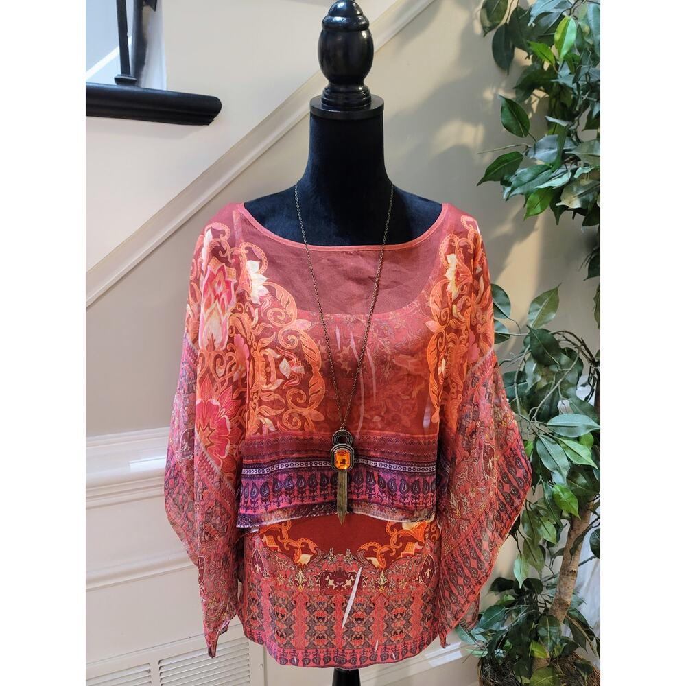 One World Live & Let Live 2 piece Blouse Women's 2X Orange Red Bohemian Pullover